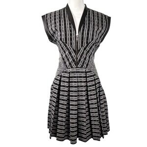 Cut25 by Yigal Azrouel Jet Black White Striped Leather Trim Pleated Mini Dress 8